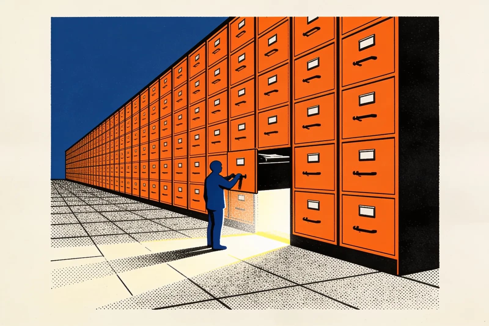 Figure opening one drawer in a vast archive wall, illustrating insights from auditing a million websites