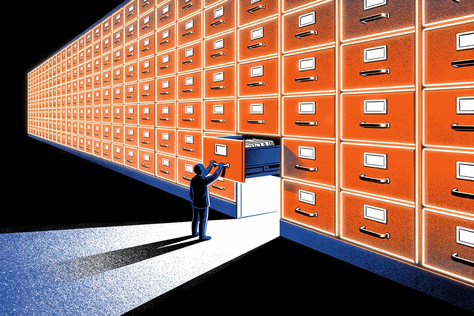 Figure opening one drawer in a vast archive wall, illustrating insights from auditing a million websites