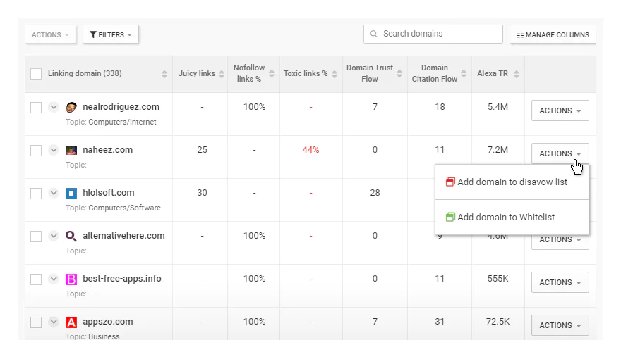 SEOmator Backlink Explorer Bericht zu verweisenden Domains