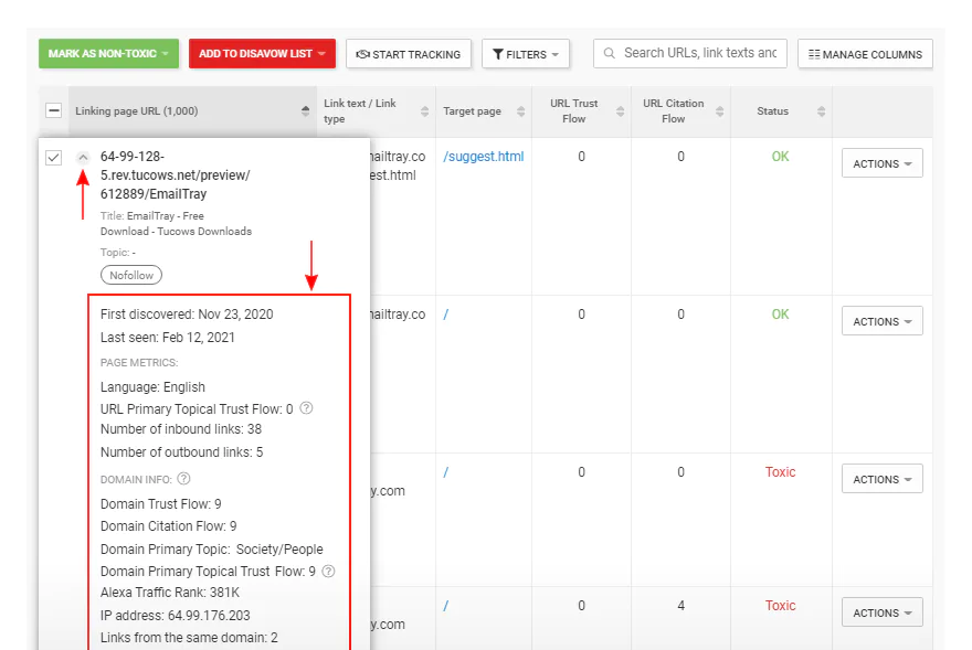 SEOmator Backlink Explorer detaillierte Backlink-Metriken