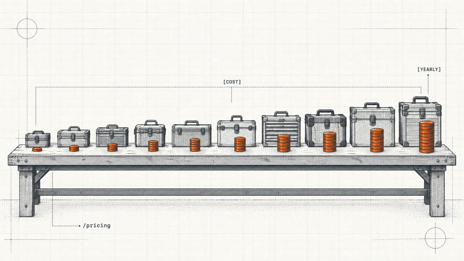 Zehn Werkzeugkisten auf einer Werkbank, vor jeder ein orangefarbener Münzstapel unterschiedlicher Höhe