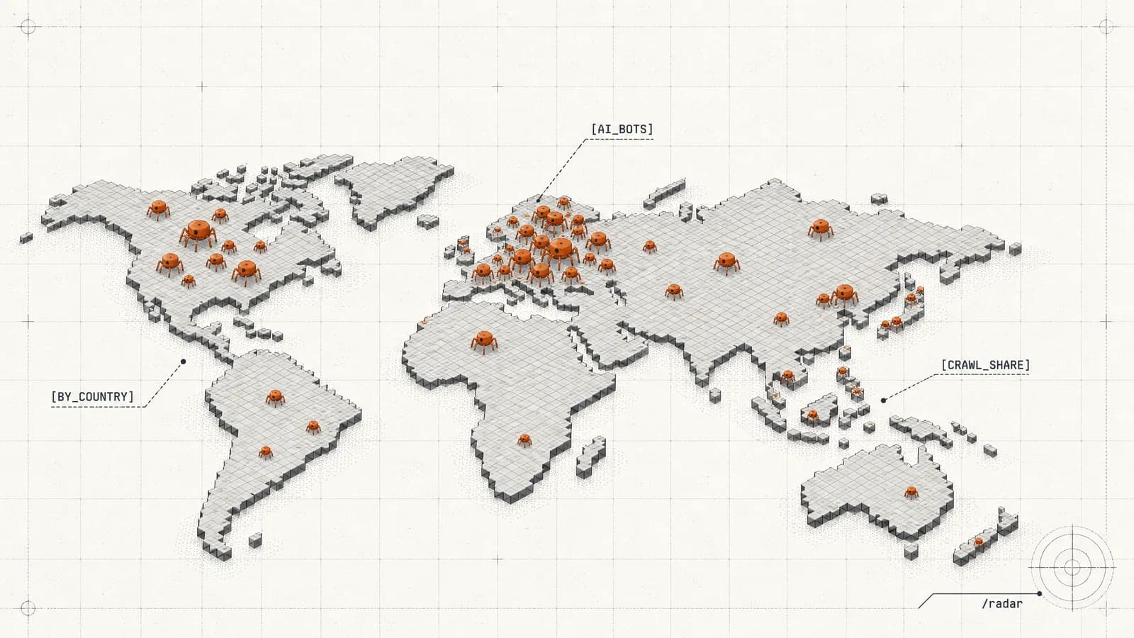Orange crawler bots stand in clusters of very different sizes on a tiled world map