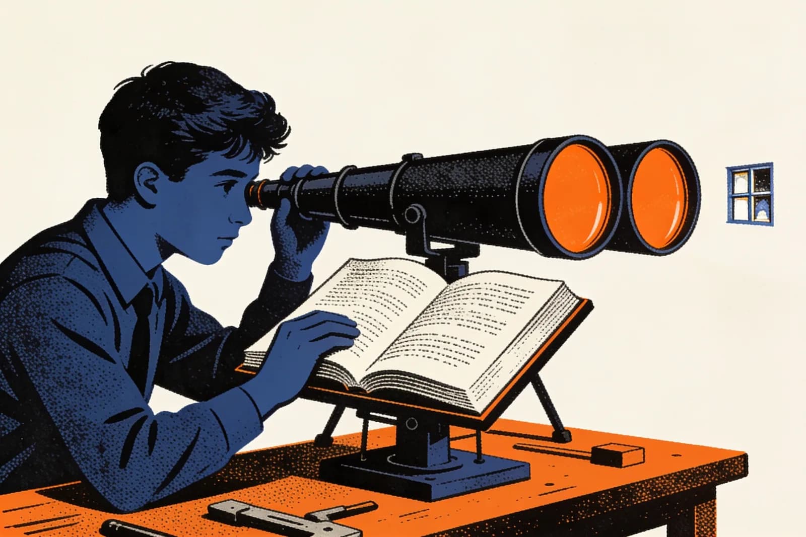 AI SEO course student inspecting distant windows through a telescope above an open book