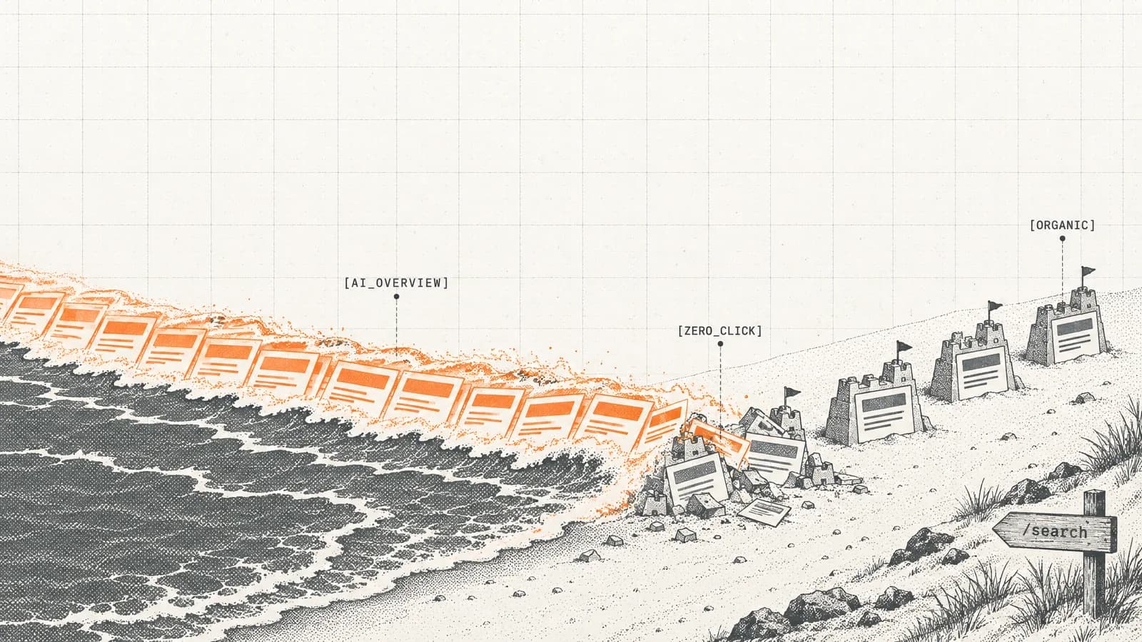 An orange tide of answer cards washes over a row of search-result sandcastles on a beach