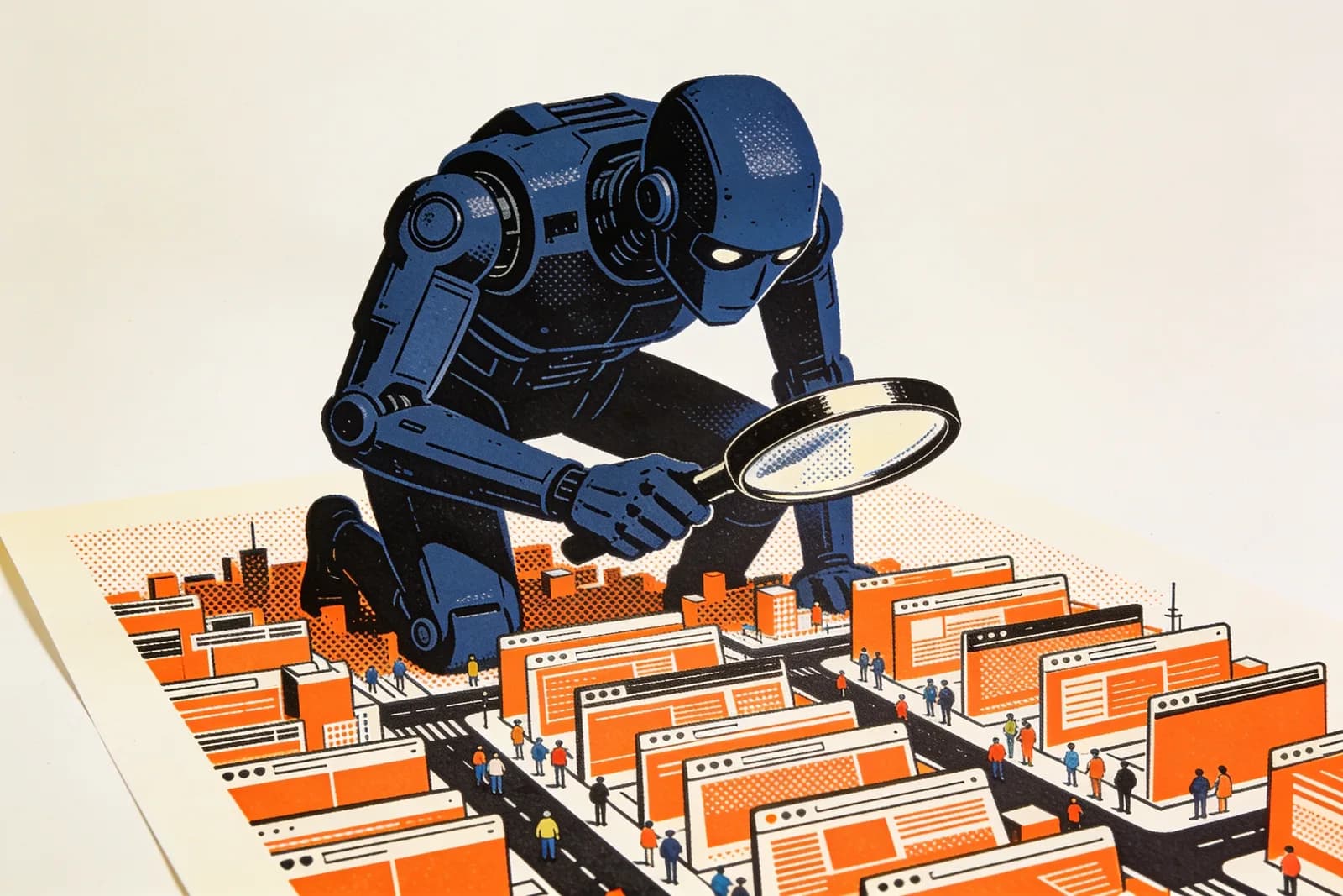 Giant robot inspecting a city of glowing websites with a magnifier, illustrating AI SEO statistics and trends