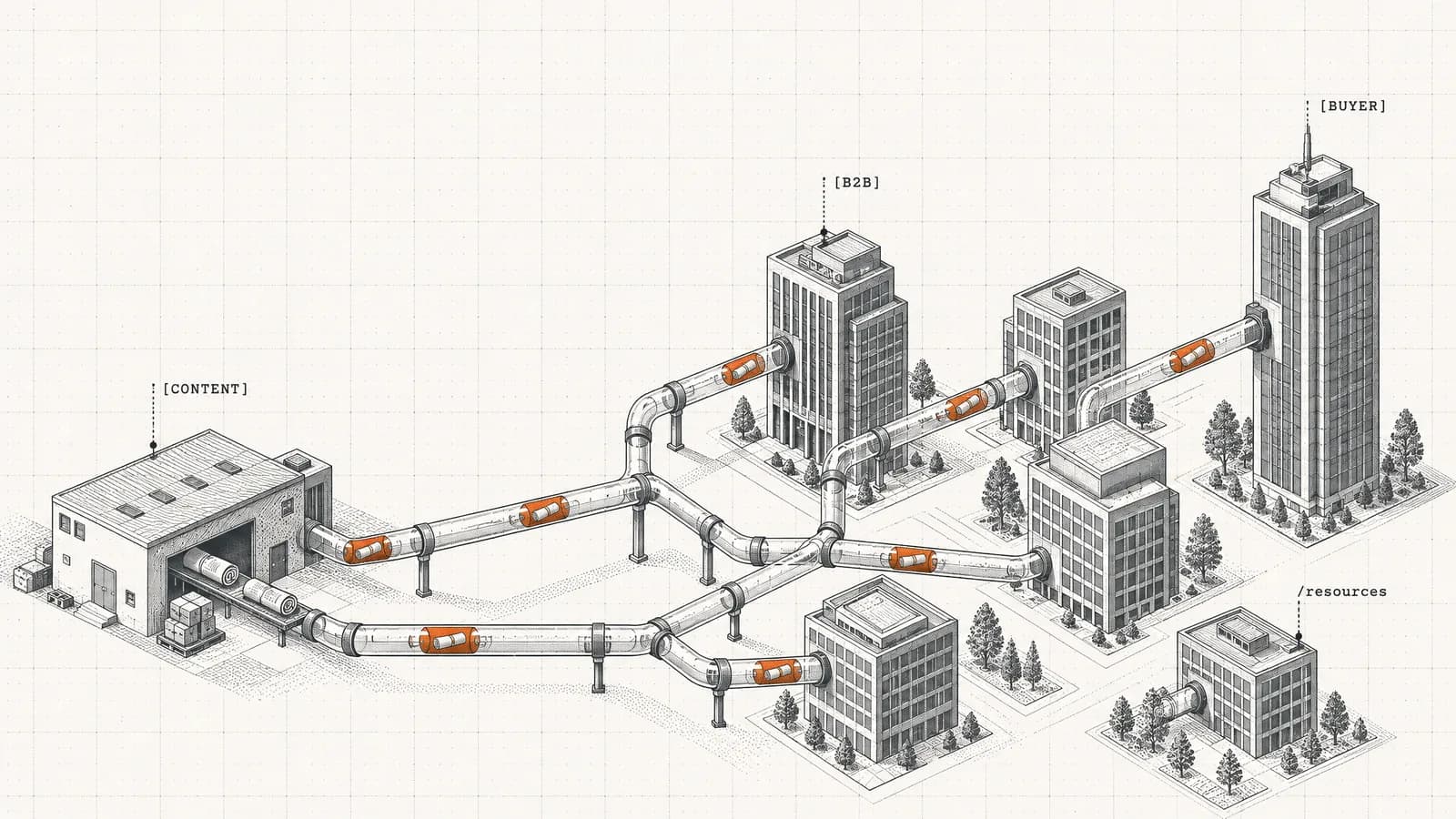 Orange capsules of content travel through pneumatic tubes from a workshop to office towers