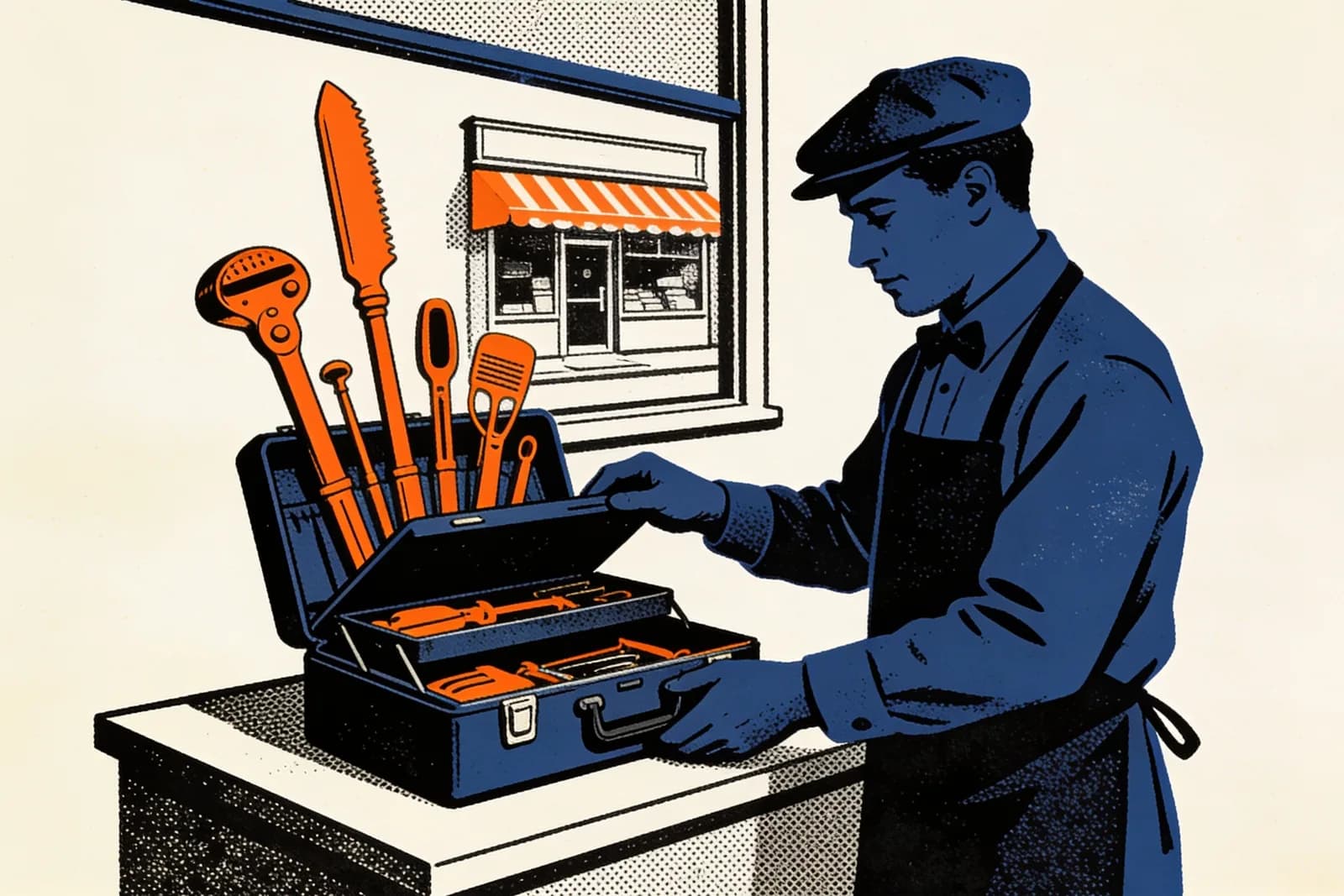 Shopkeeper opening a toolbox of glowing instruments, illustrating the best SEO tools for small businesses