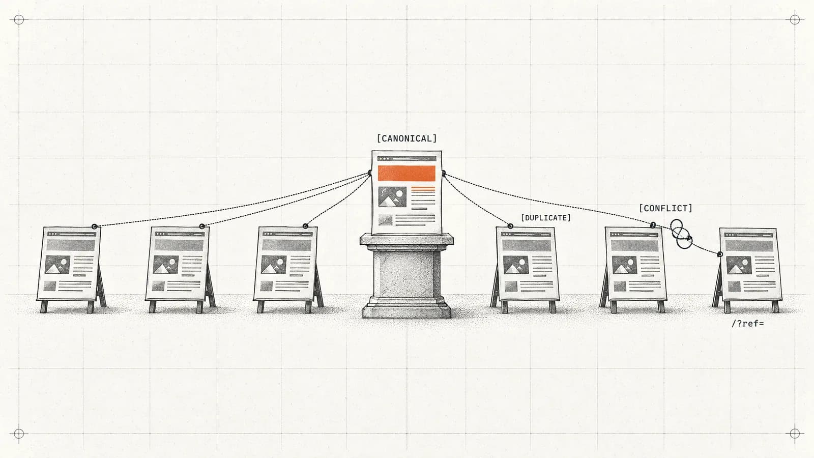 Copies of a page are tied by threads to one orange master page, one thread tangled the wrong way