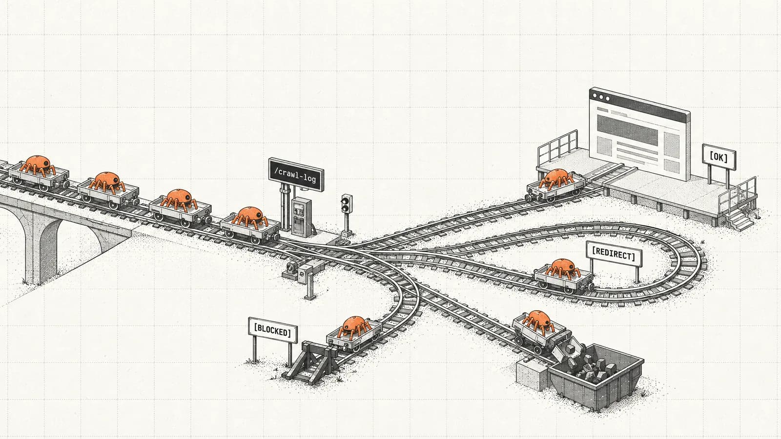 Orange crawler bots ride rail carts through a switching yard: fewer than half reach the station, the rest loop, stop at a buffer or fall into a scrap bin
