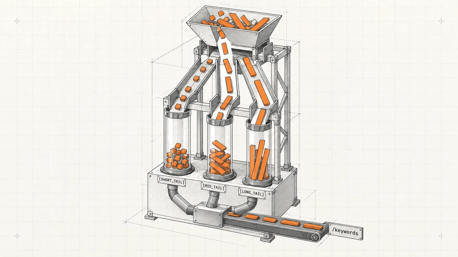 A sorting machine drops orange keyword tokens of three lengths into three matching tubes