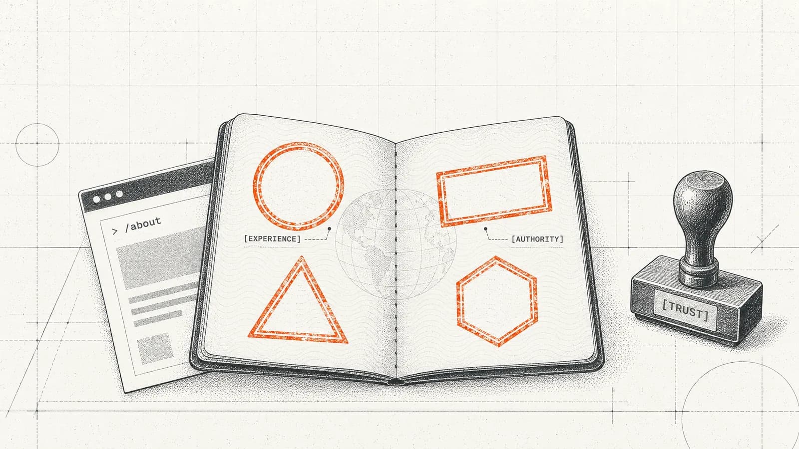 An open passport for a web page, its pages filled with orange trust stamps