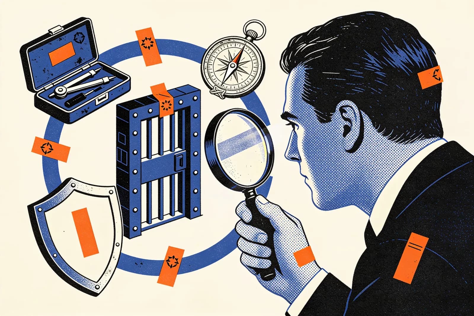 Auditor examining evidence symbols that represent experience, expertise, authority, and website trust