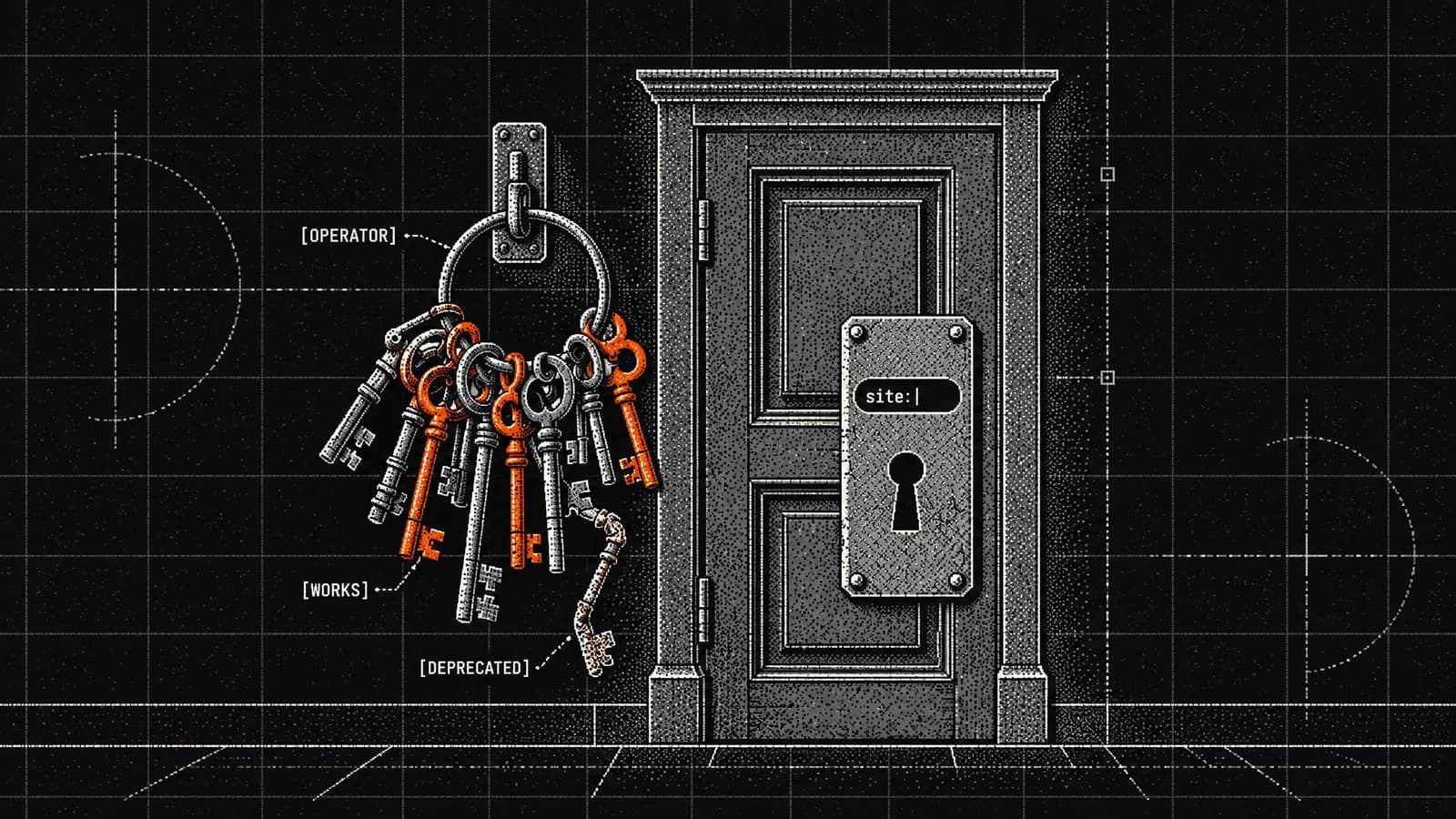 A ring of old keys by a search door, only some of them, in orange, still fit the lock