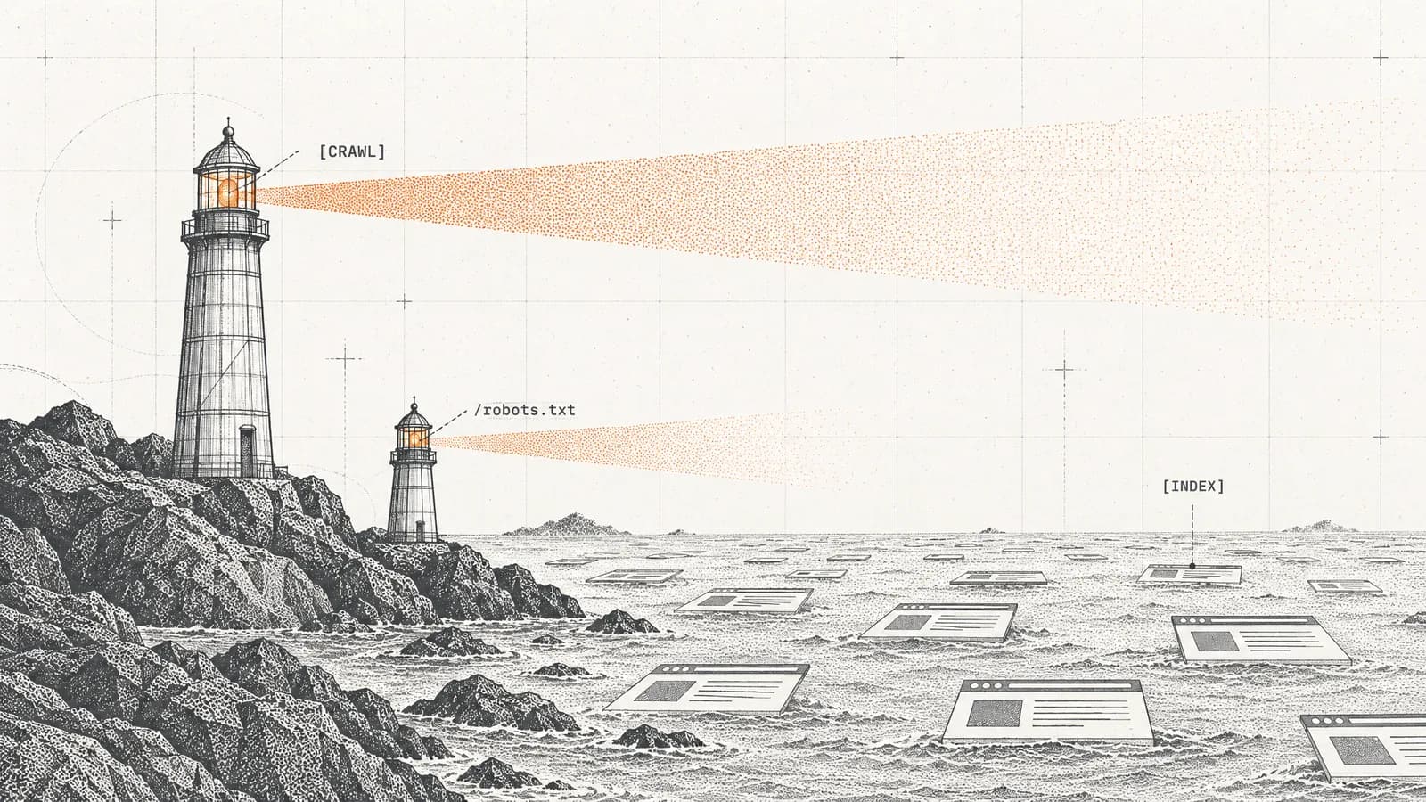 A tall and a short lighthouse sweep orange beams across a sea of web pages