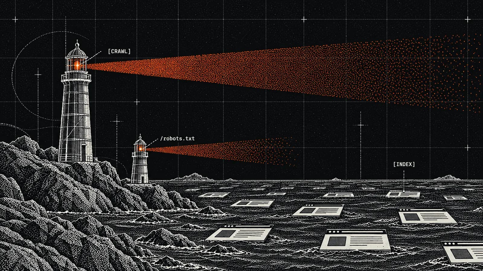 A tall and a short lighthouse sweep orange beams across a sea of web pages