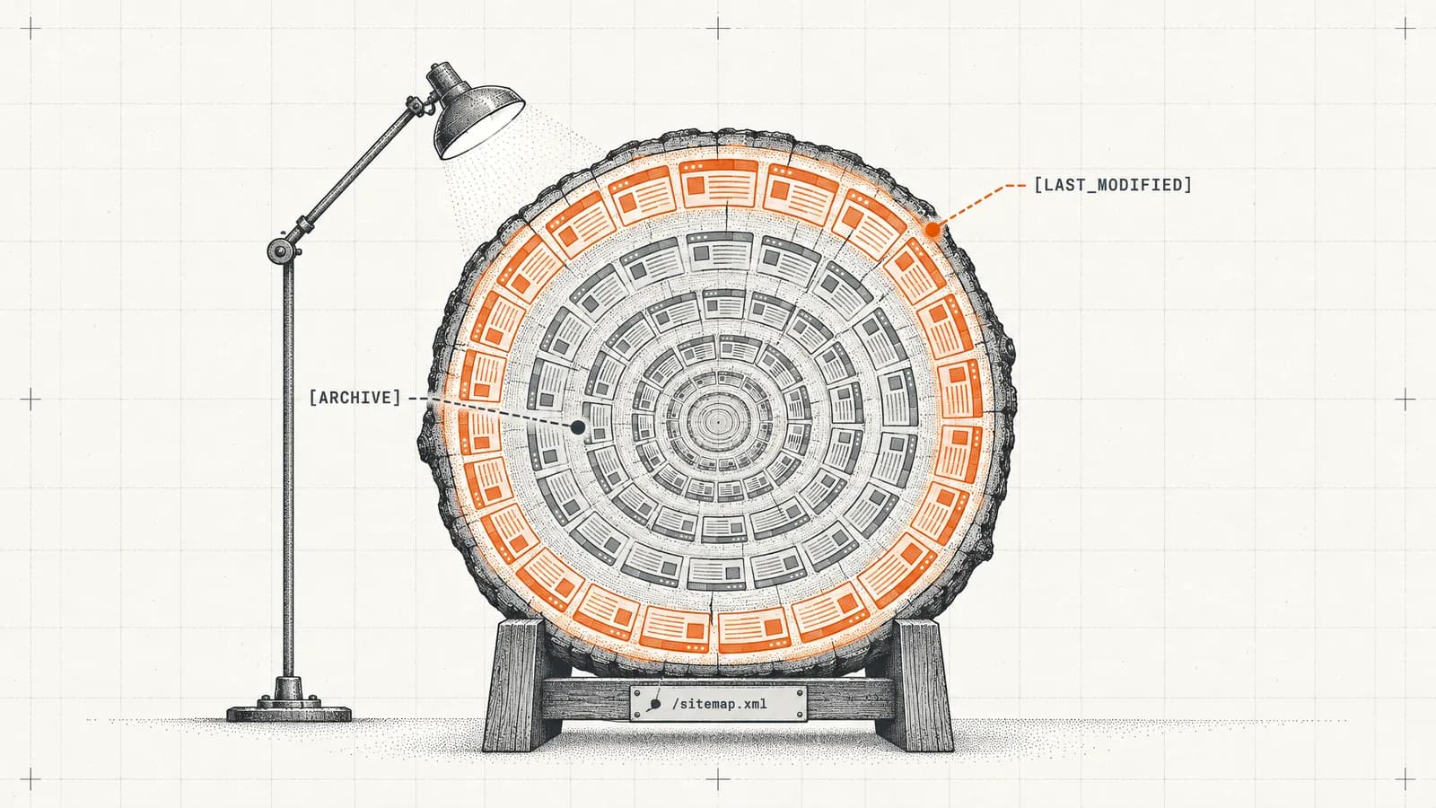 Eine Baumscheibe, deren Jahresringe aus Webseiten bestehen, der jüngste Ring in Orange