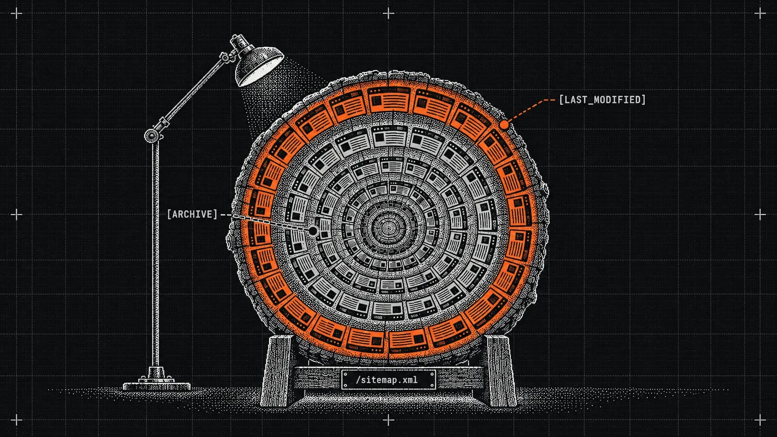 A tree-trunk slice whose rings are made of web pages, the newest ring in orange