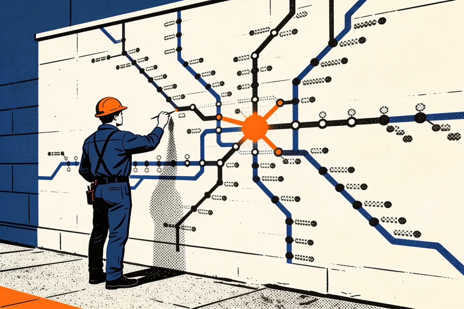 Thematische Karte als Ingenieur, der eine vernetzte Konstellation von Content-Knoten an eine Wand zeichnet