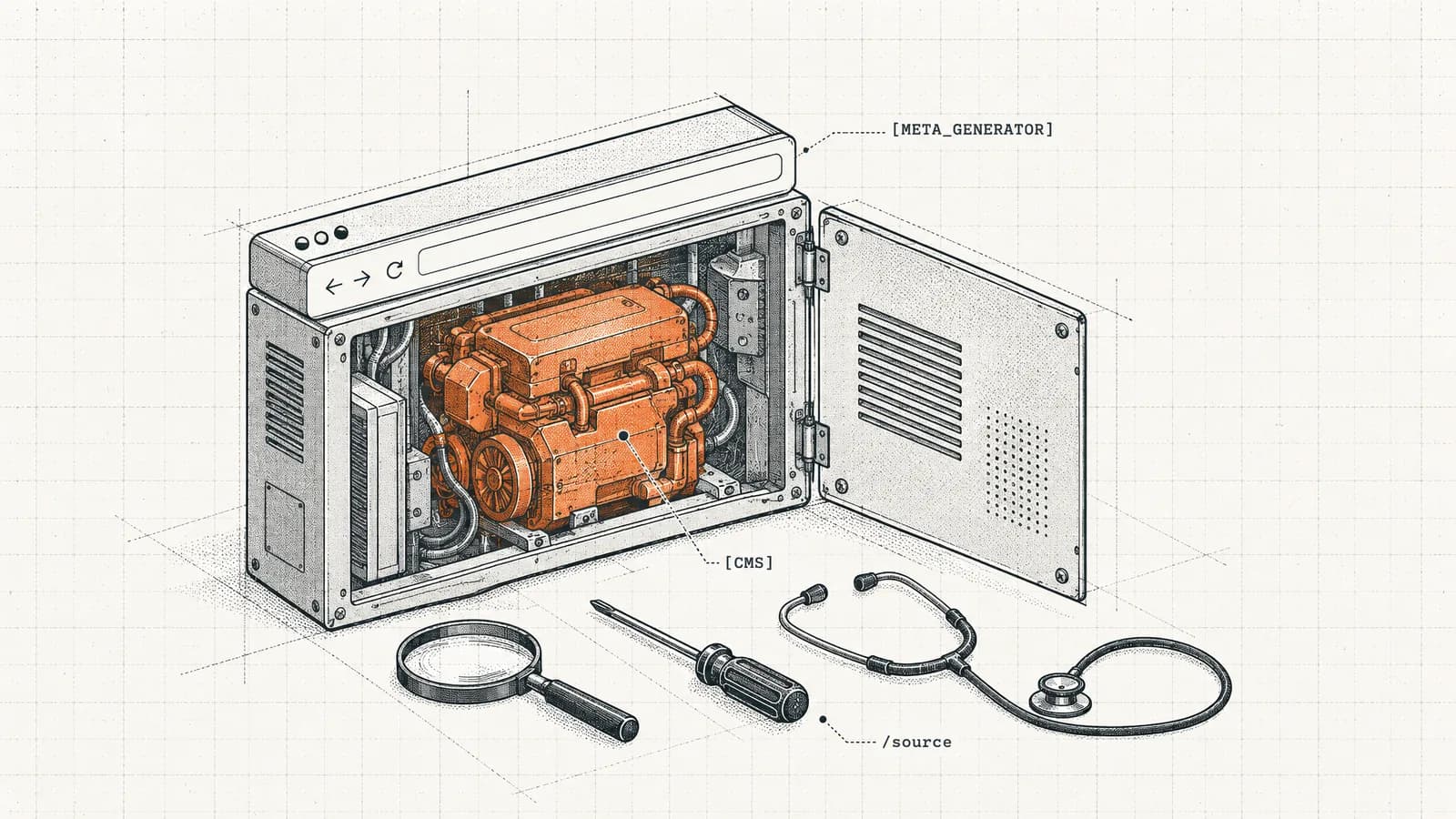 Eine Webseite als Maschinengehäuse mit geöffneter Seitenklappe, darin ein orangefarbener Motorblock (das CMS)