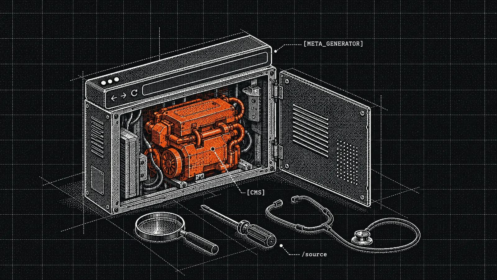 A web page drawn as a machine casing with its side panel open, revealing an orange engine block (the CMS) inside