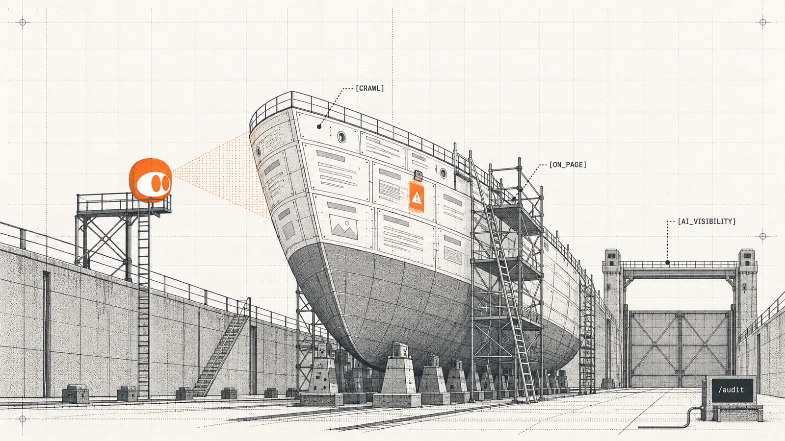 The orange SEOmator agent beams a stippled scan onto a ship's hull in dry dock, one warning tag marked in orange
