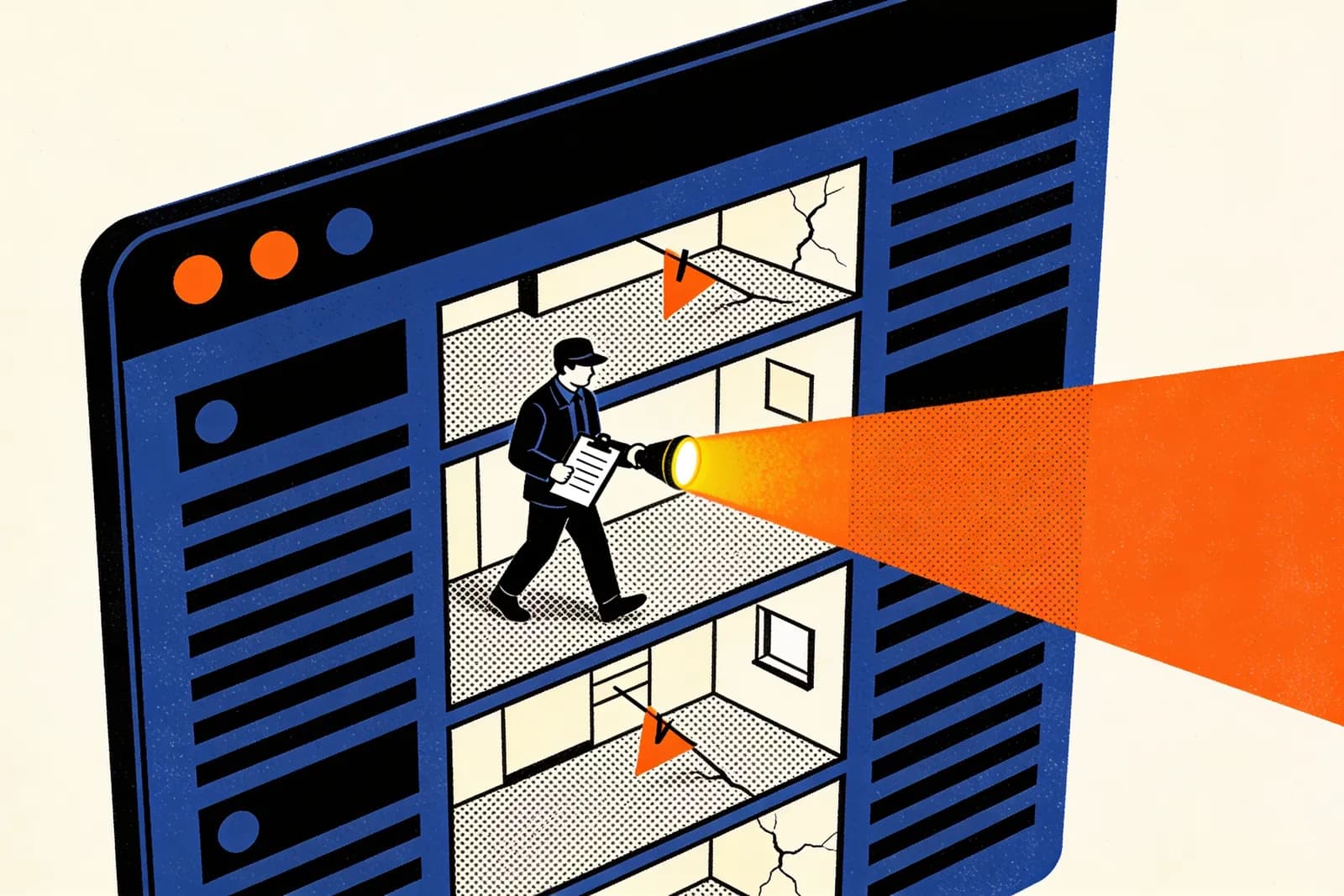 SEO audit shown as an inspector with a flashlight and checklist examining a website like a building