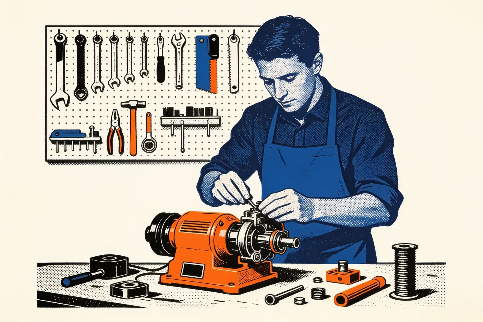 Person assembling a glowing machine at a workbench under a pegboard of tools, illustrating DIY SEO