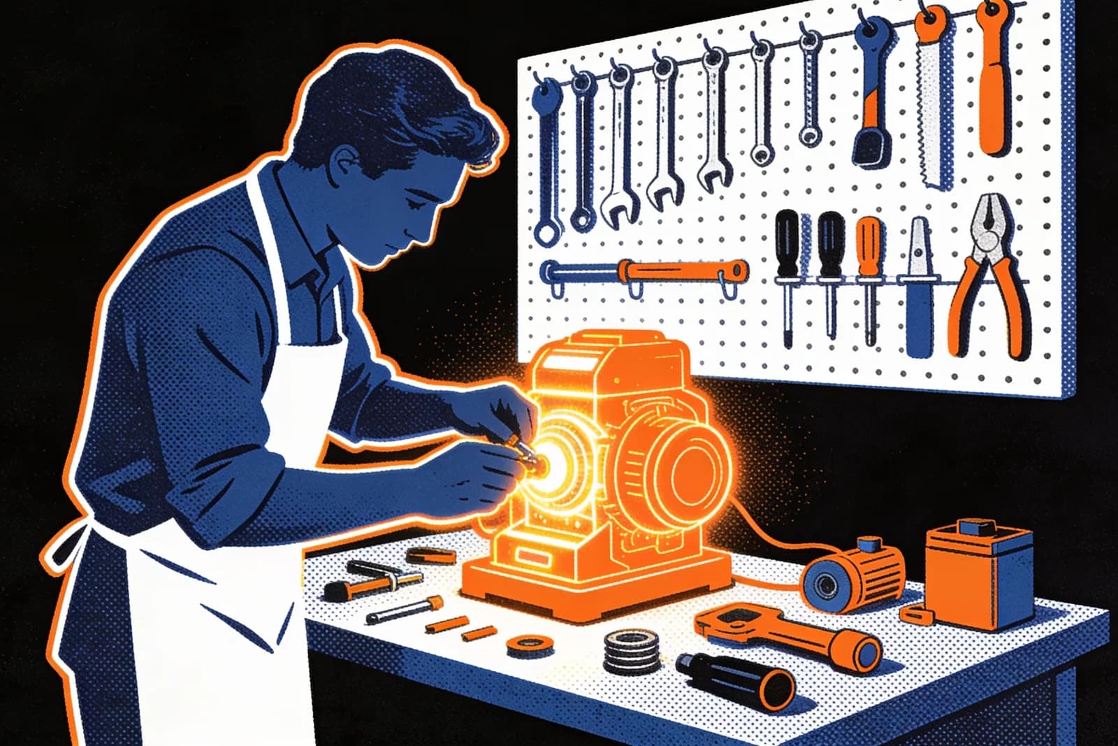 Person assembling a glowing machine at a workbench under a pegboard of tools, illustrating DIY SEO