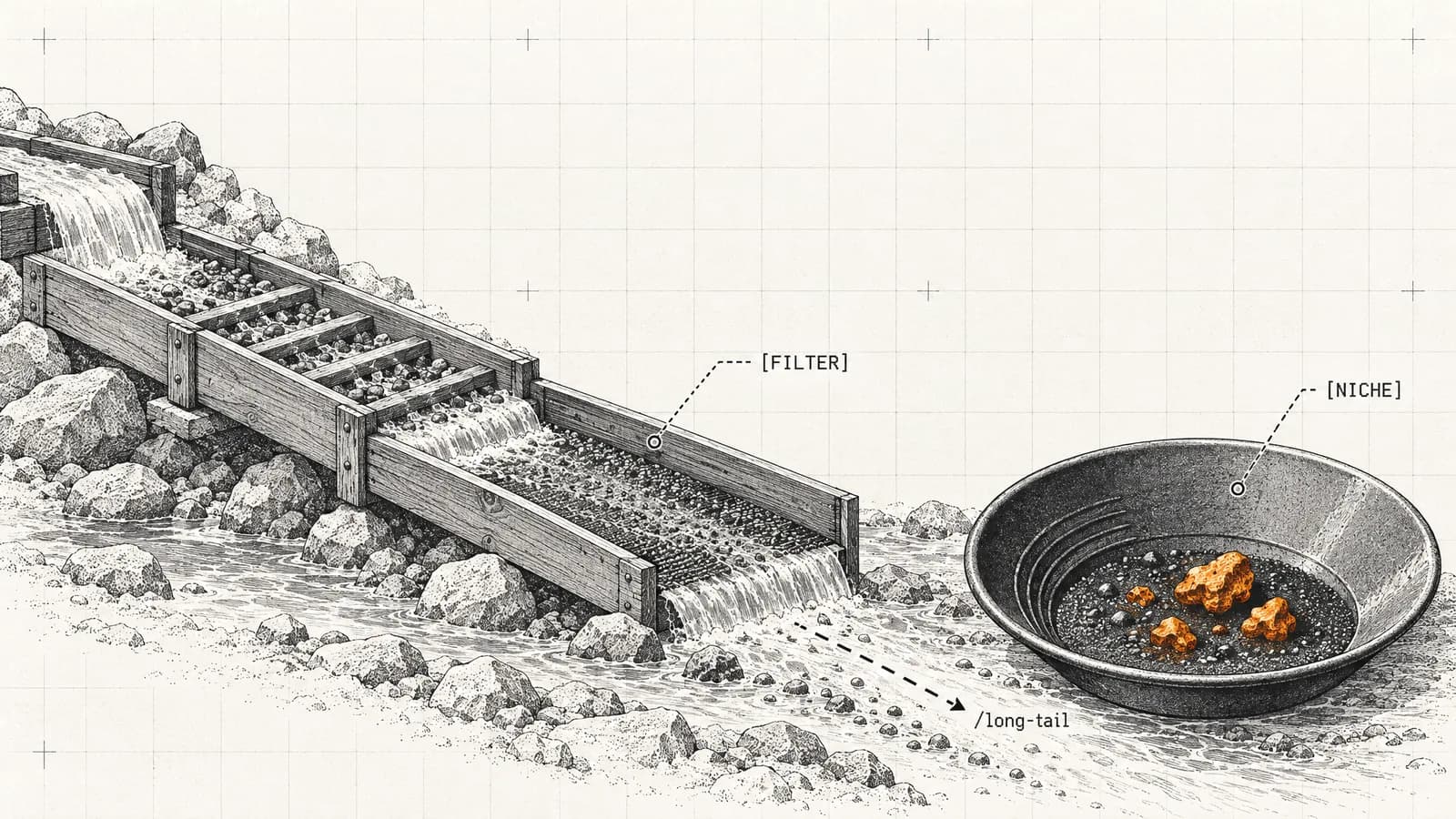 A two-stage sluice box filters keyword gravel down to a few orange nuggets in a gold pan