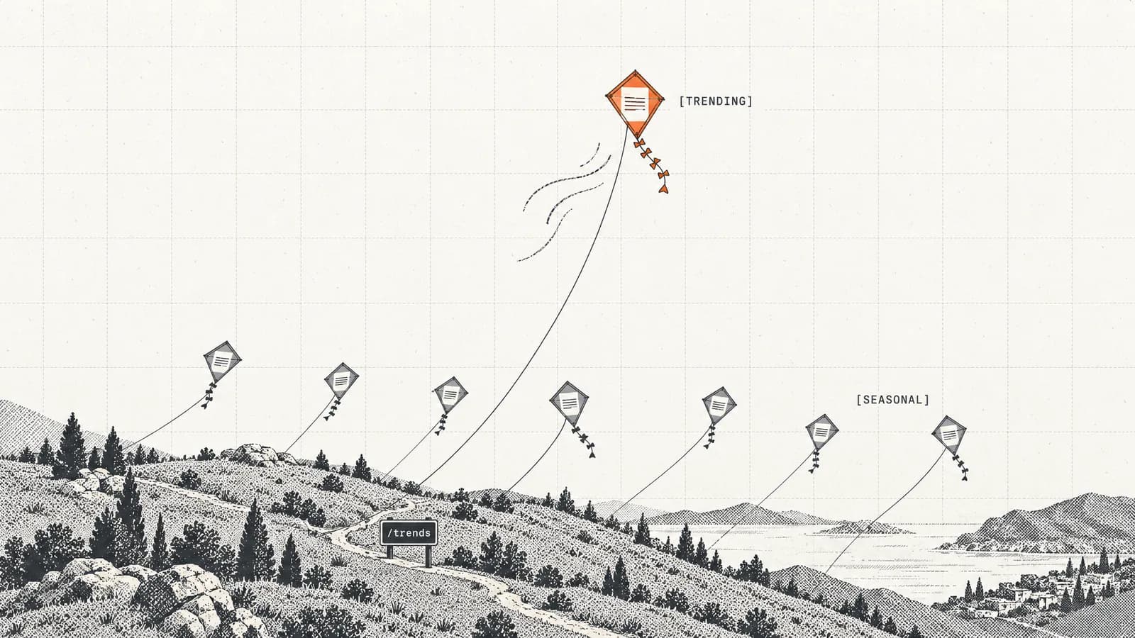 One orange keyword kite catches an updraft and soars above the rest