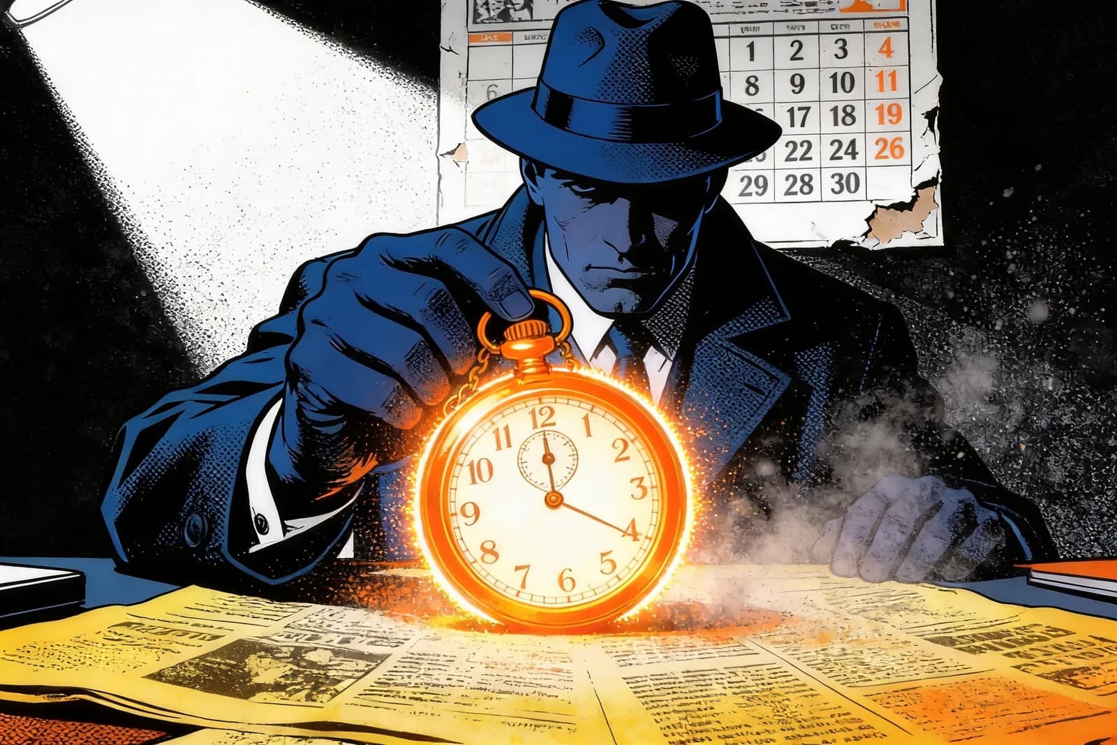Detective holding a glowing pocket watch over an old newspaper, illustrating finding an article publish date