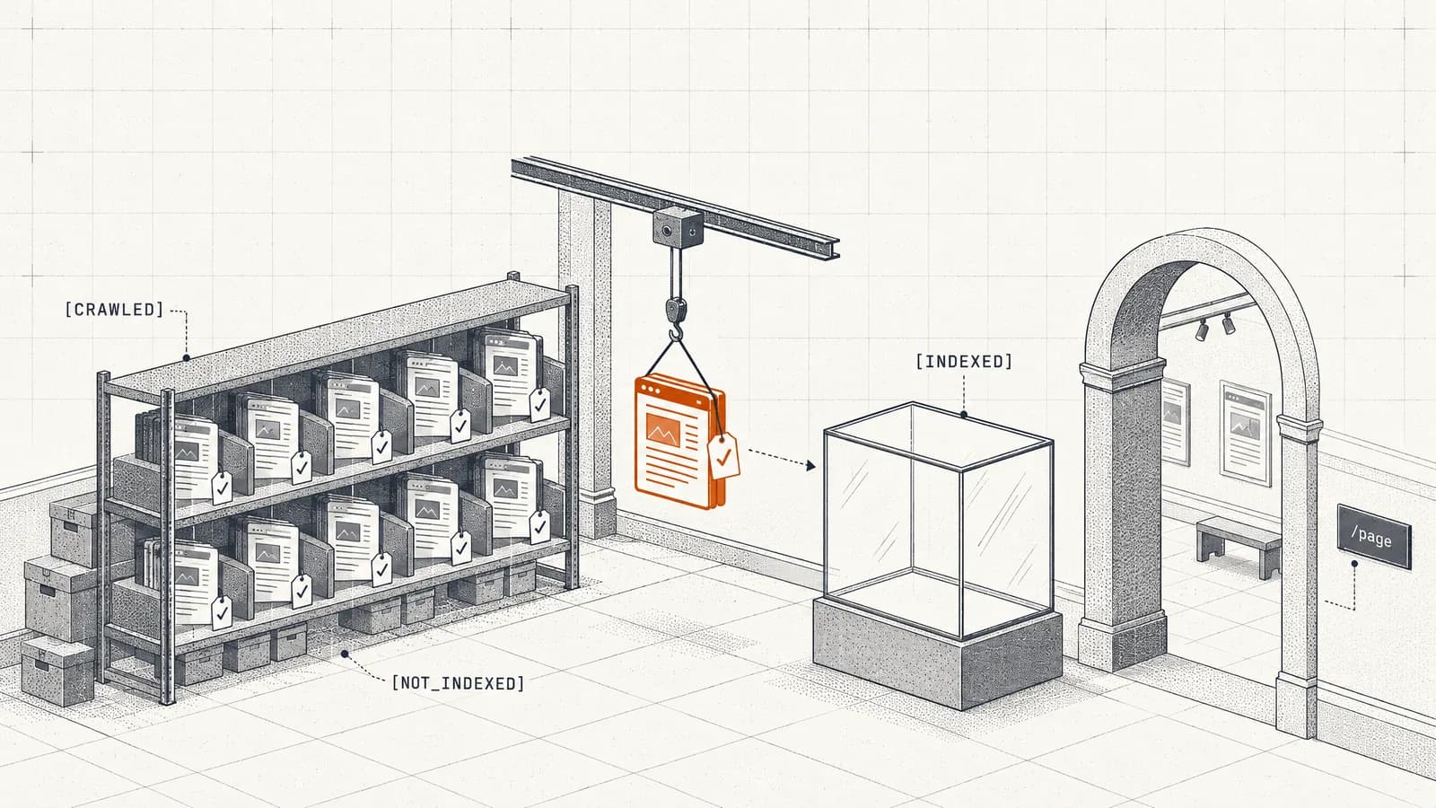One orange page is hoisted from a crowded museum storage shelf toward an empty display case