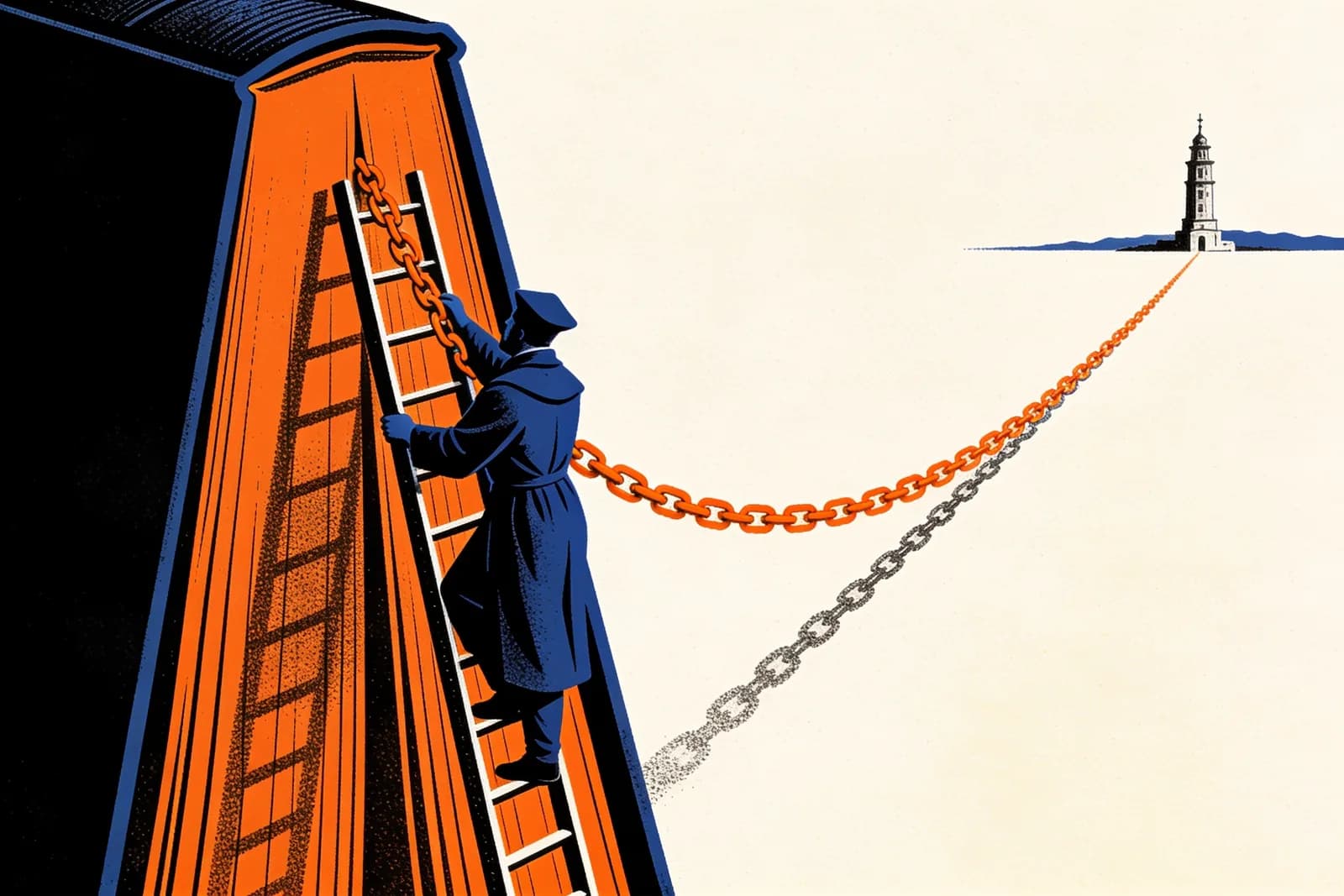 Scholar on a ladder threading a chain from a giant open book to a tower, illustrating Wikipedia backlinks