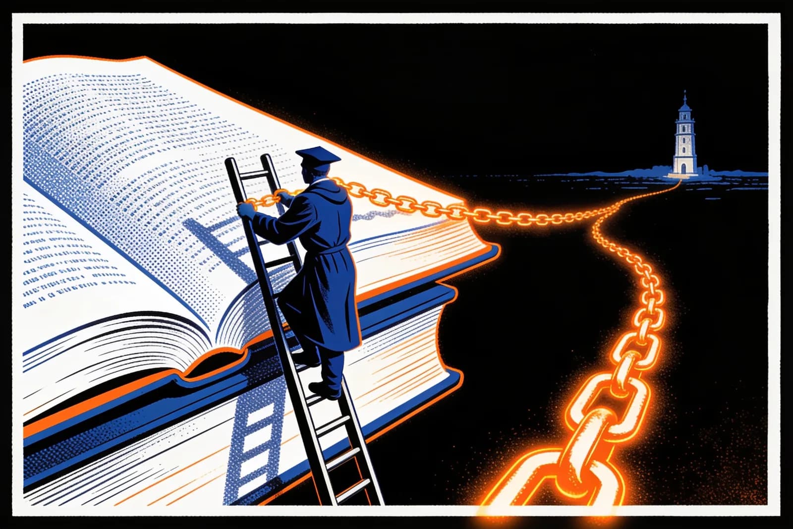 Scholar on a ladder threading a chain from a giant open book to a tower, illustrating Wikipedia backlinks