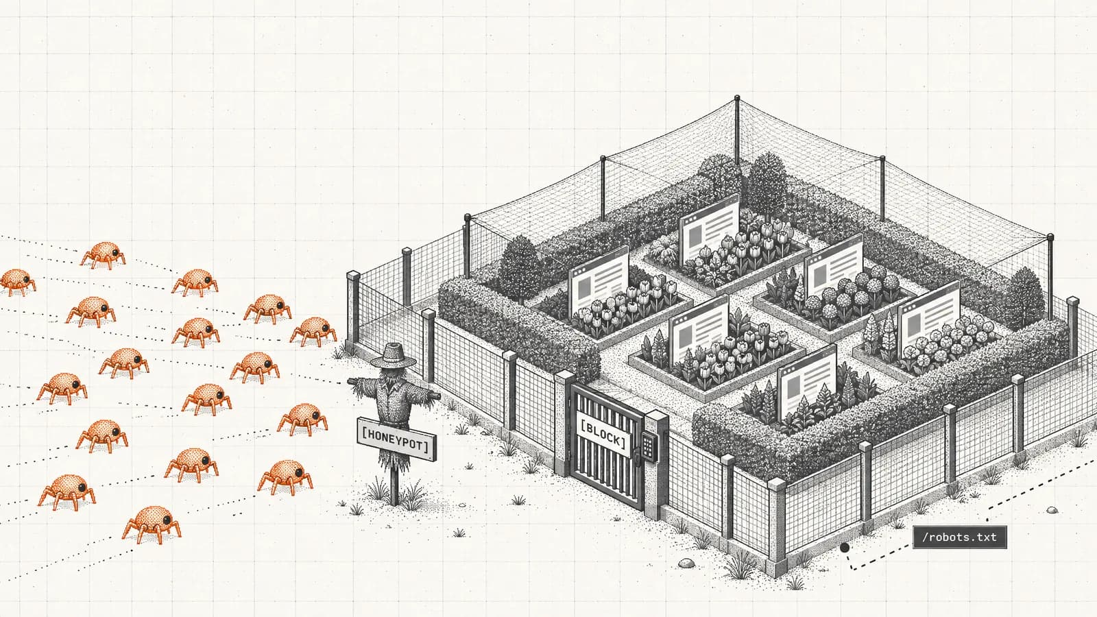 A swarm of orange crawler bots is held back outside the hedge, fence, net and gate of a walled garden