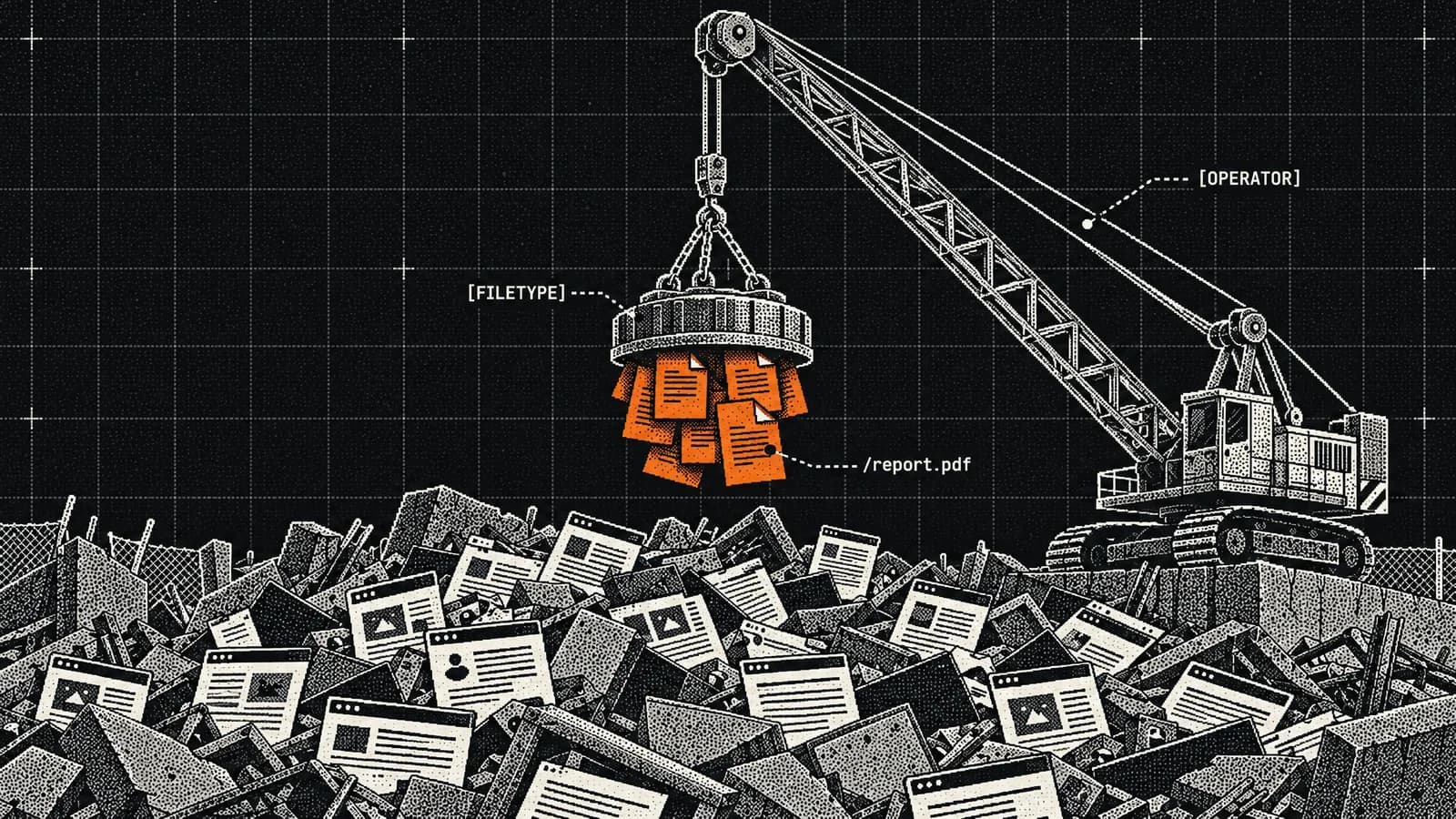 A crane's magnet lifts only the orange folded-corner documents out of a heap of web pages