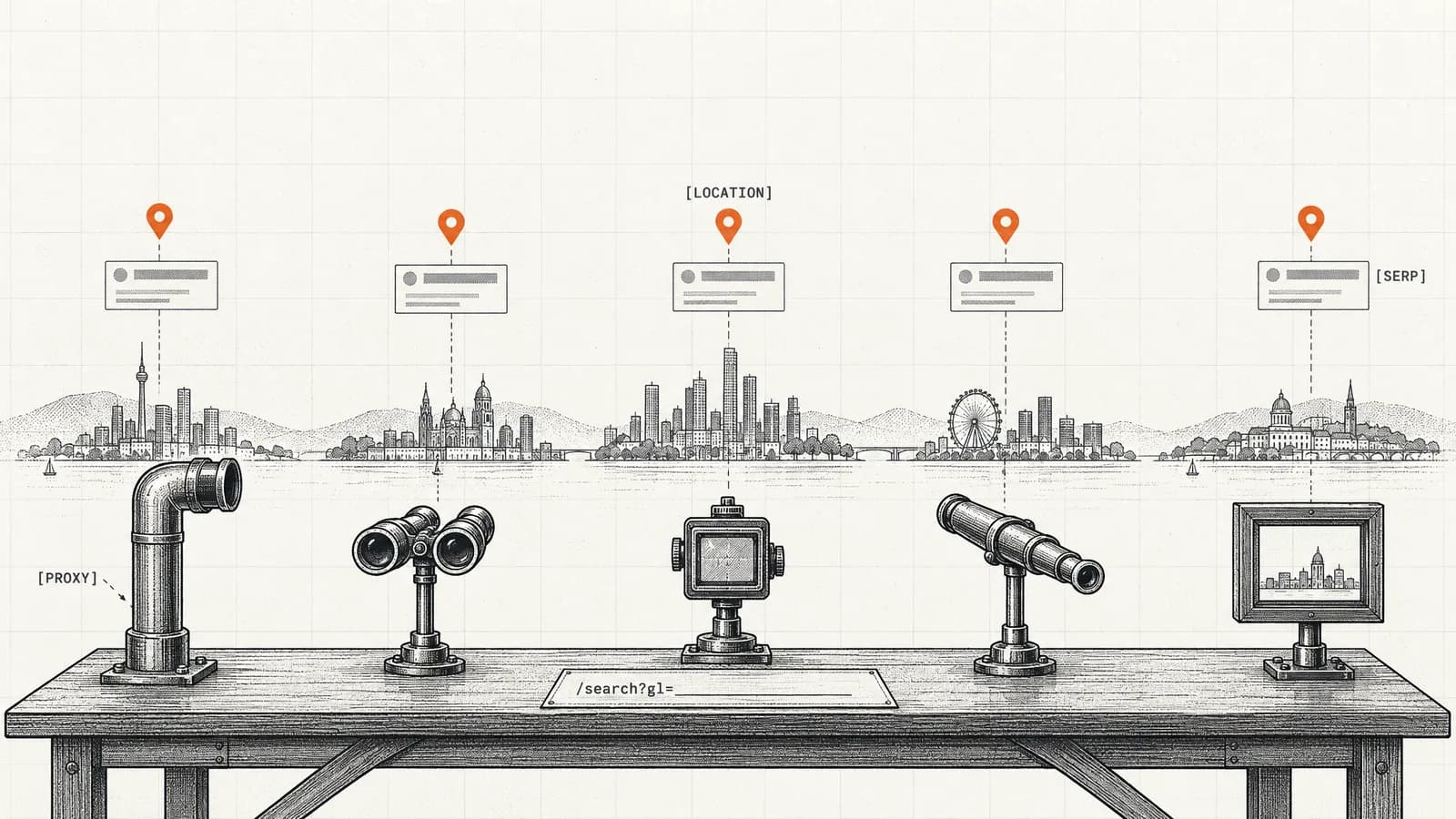 Five viewing devices on a desk look out at five city skylines, each marked by an orange location pin