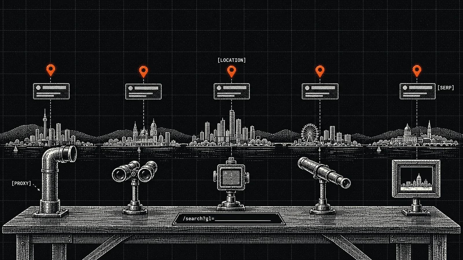 Five viewing devices on a desk look out at five city skylines, each marked by an orange location pin