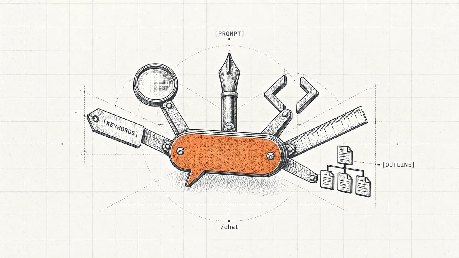 An orange speech-bubble multi-tool with six SEO tools folded out