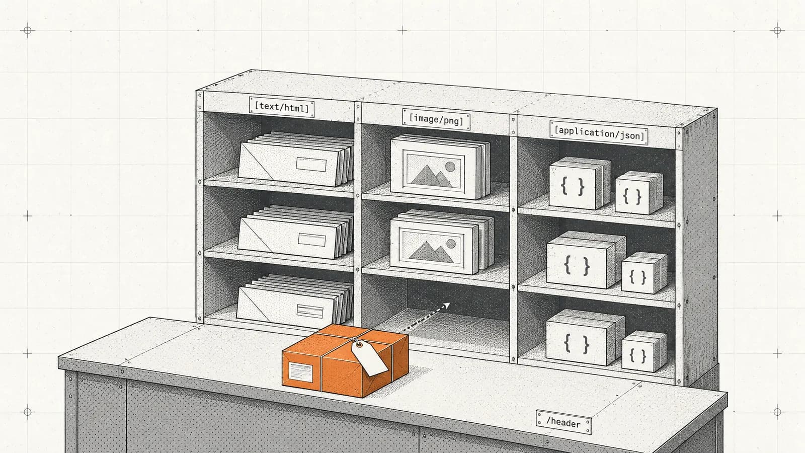 Ein orangefarbenes Paket wird in ein passendes Fach eines nach Inhaltstyp sortierten Postregals gesteckt