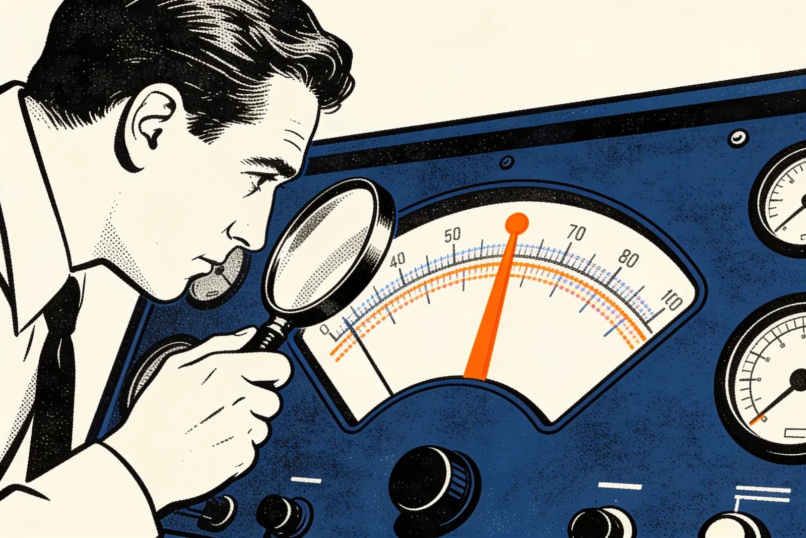 Google Search Console accuracy shown as an analyst reading a single true needle on a gauge