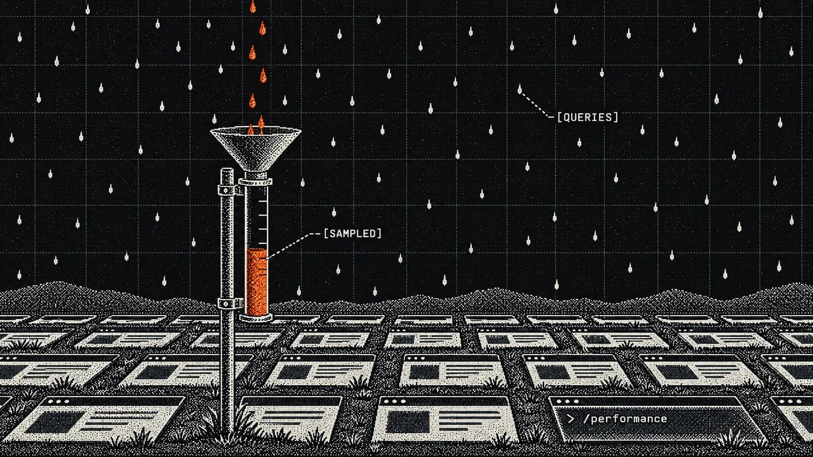 A rain gauge catches a few orange drops while most of the rain falls around it