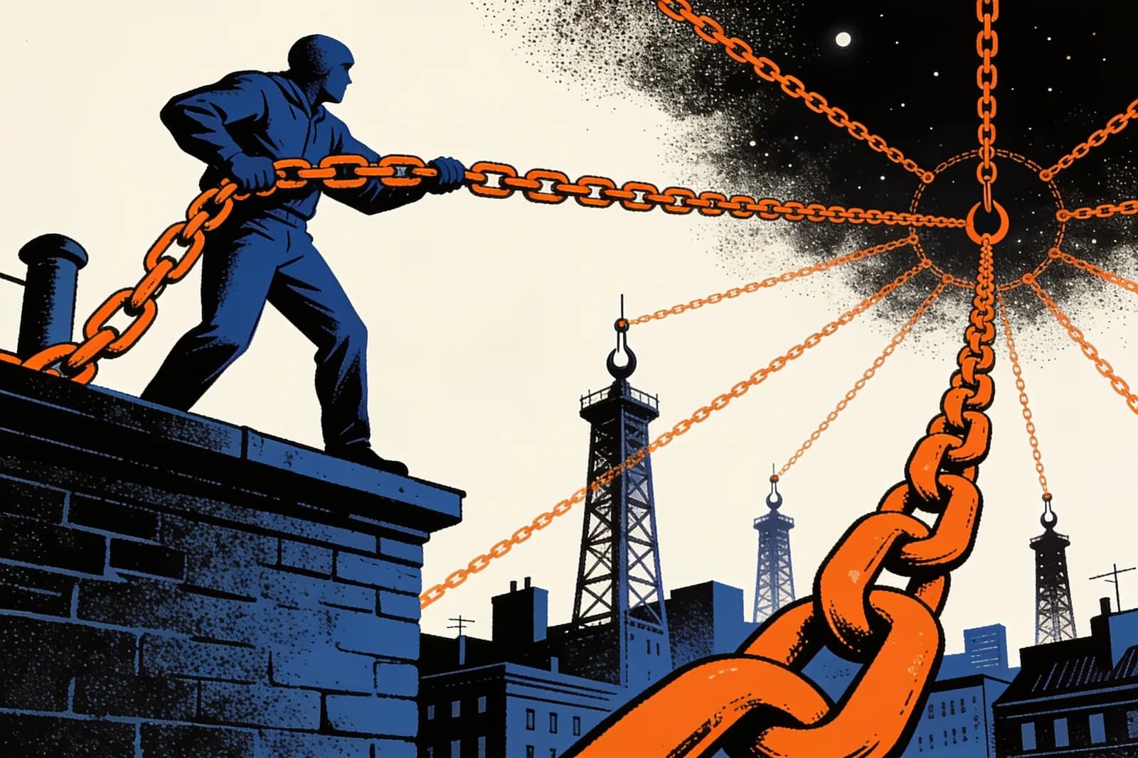 Figure on a rooftop linking distant towers with chains, illustrating backlink growth and link building