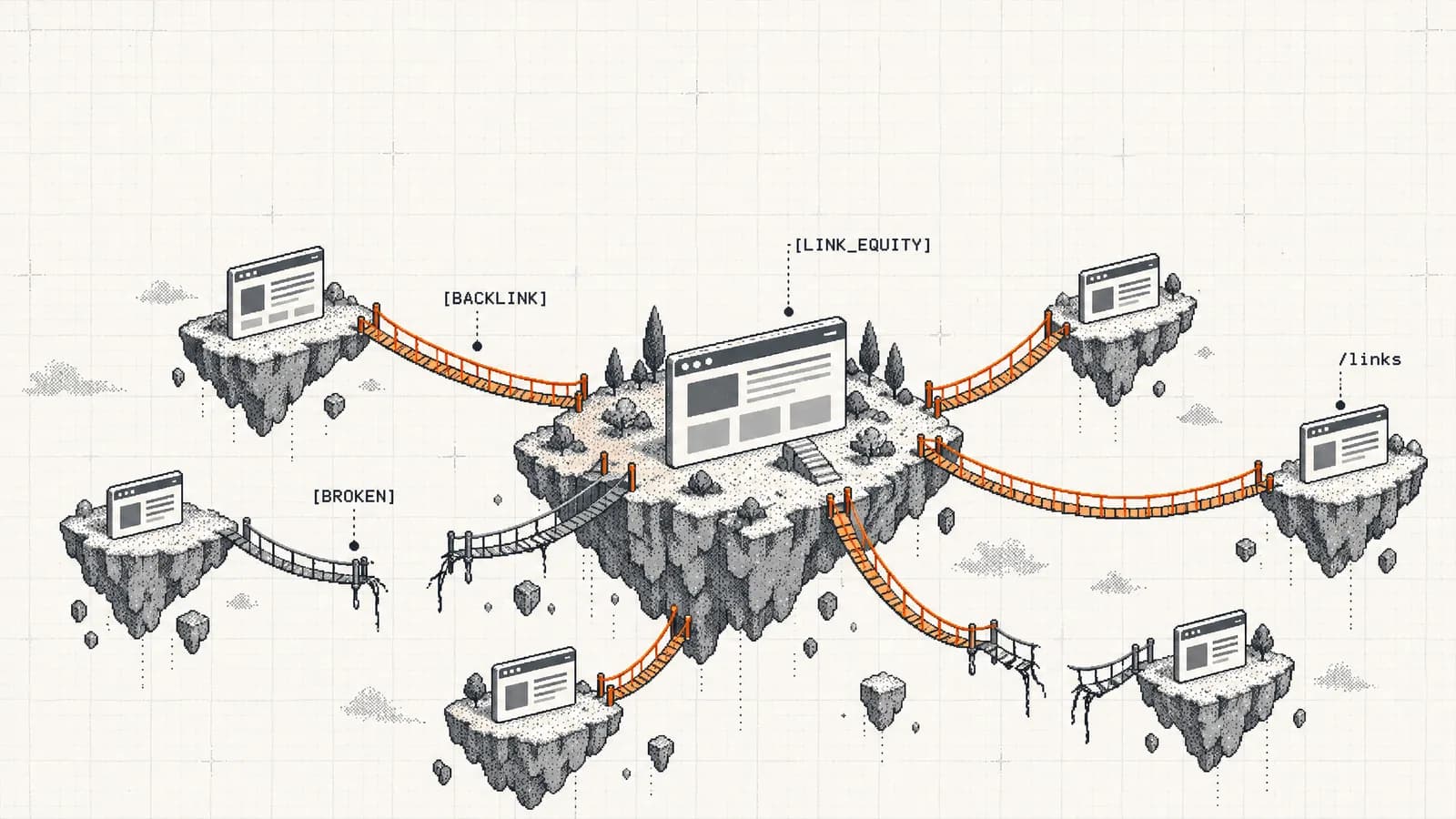 Orange rope bridges link small web-page islands to a central island, with a few bridges hanging broken
