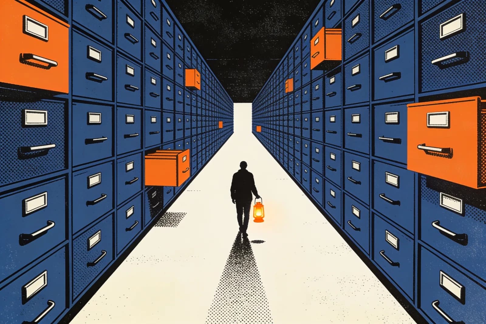 Lone figure with a lantern in an endless archive of filing cabinets, a few drawers glowing among thousands shut
