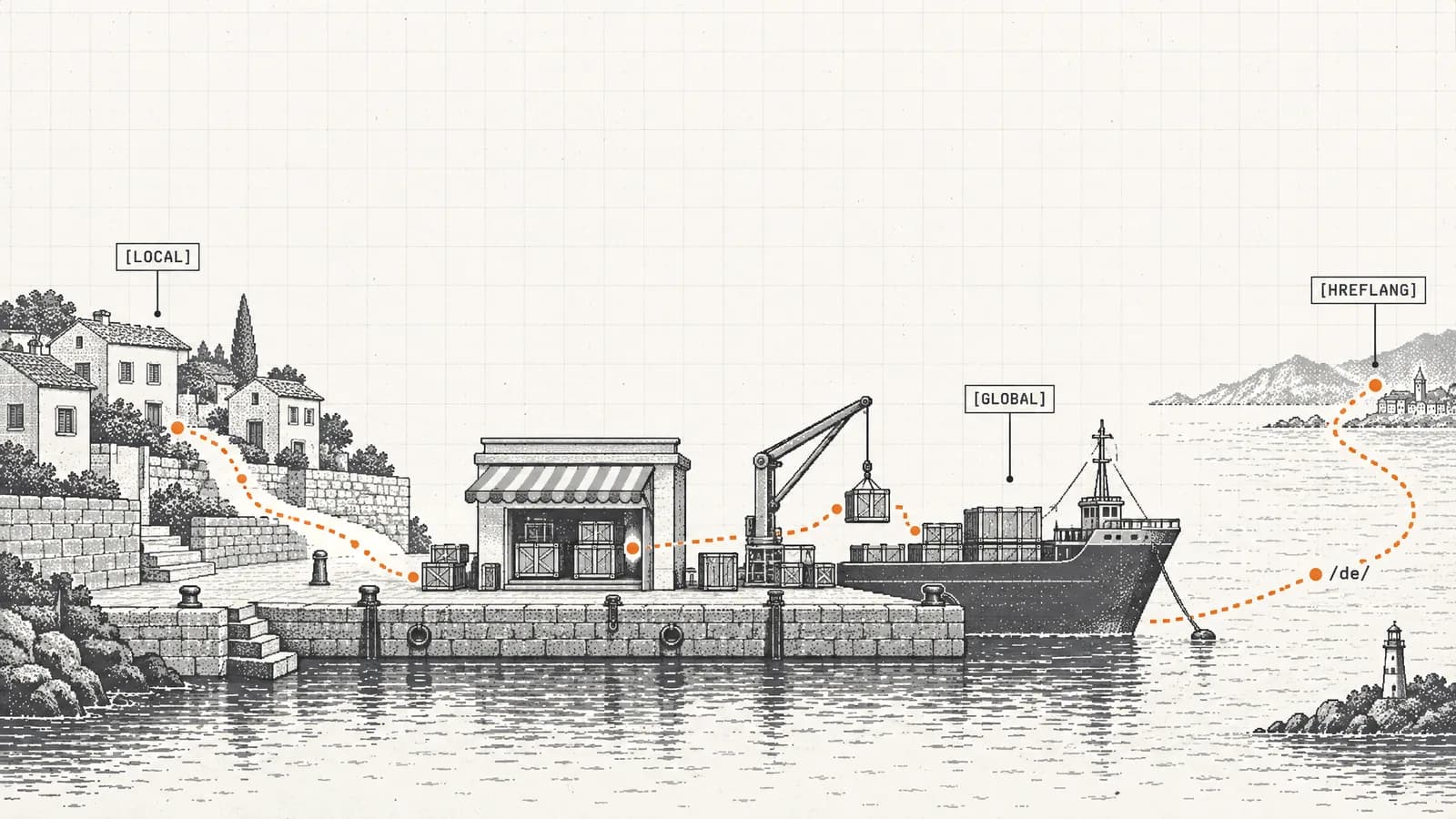 Orange routes run from a storefront on a quay to nearby houses and across the sea by cargo ship