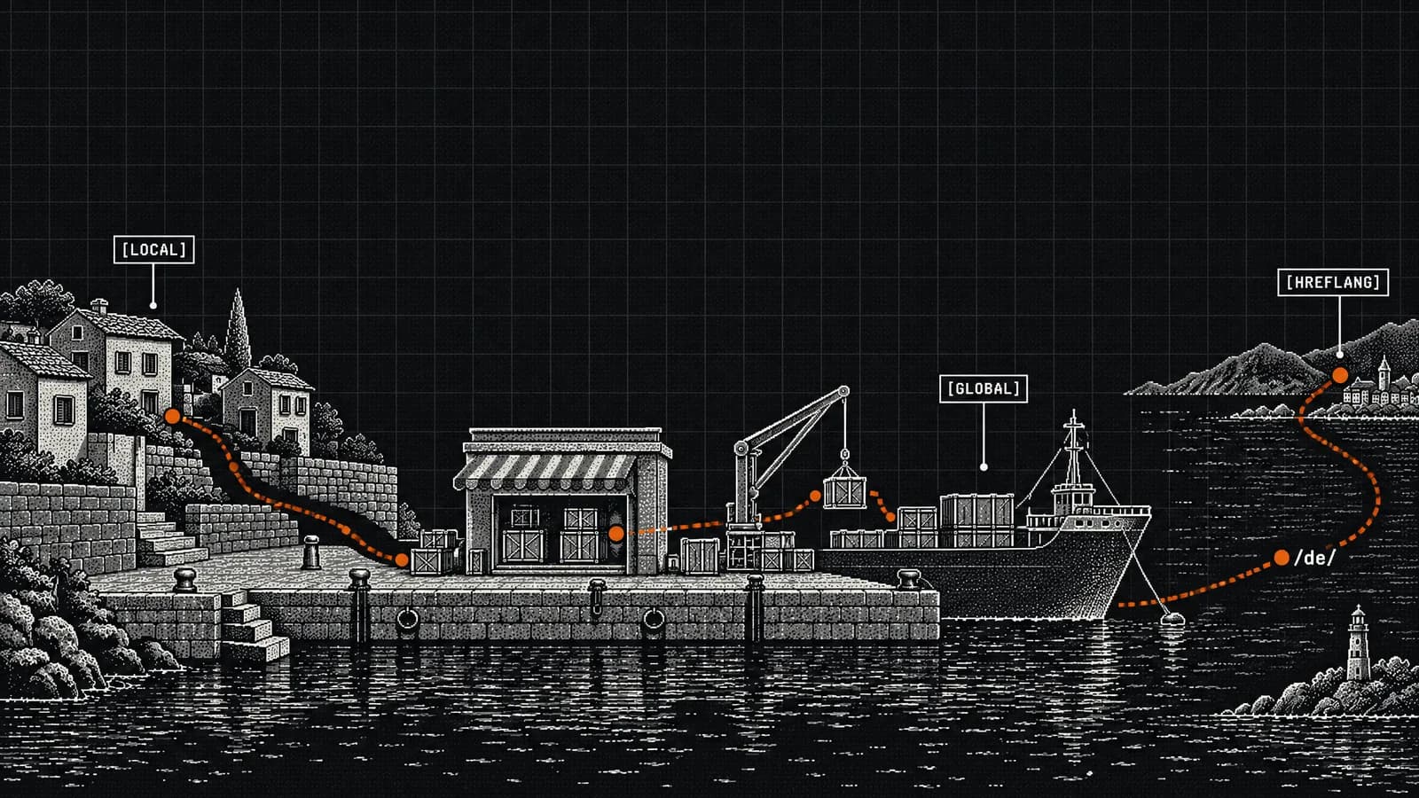 Orange routes run from a storefront on a quay to nearby houses and across the sea by cargo ship