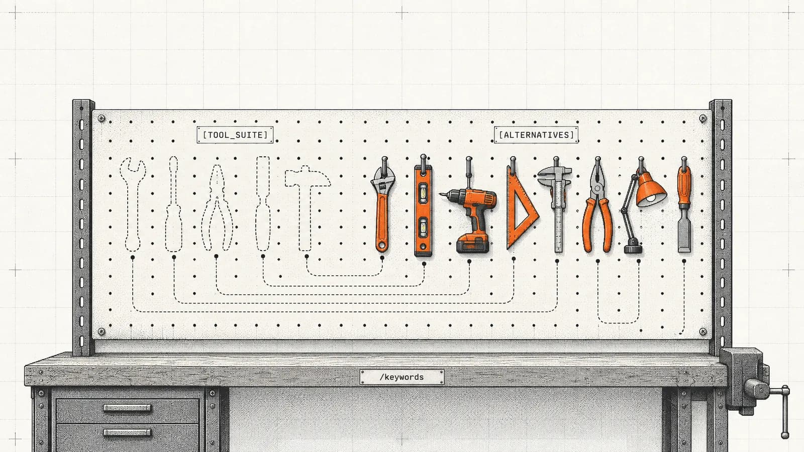 Eight orange replacement tools hang on a workshop pegboard beside the empty outlines of a five-tool set
