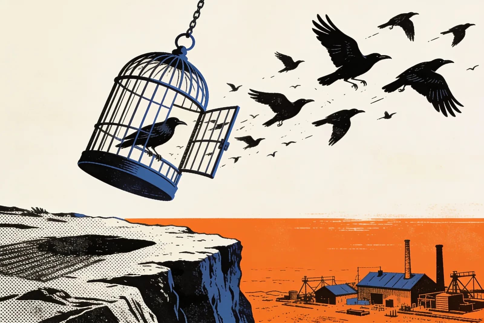 Ravens streaming from an open cage toward distant workshops, illustrating Raven Tools alternatives