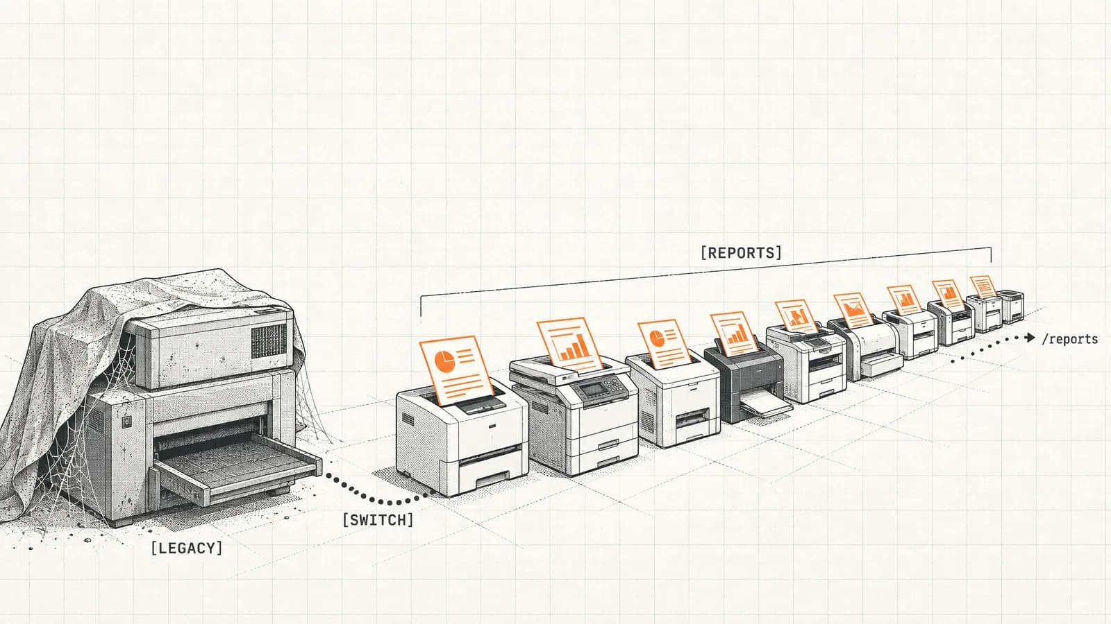 Ein verstaubter alter Berichtsdrucker steht still, während zehn neue Drucker frische orangefarbene Berichte ausgeben